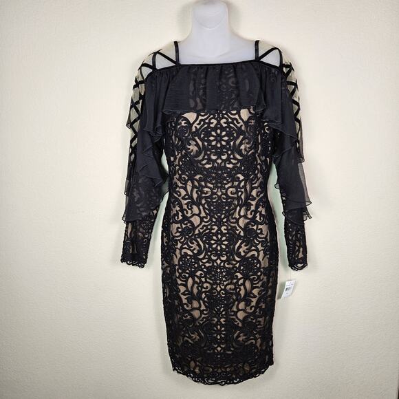 Tadashi Shoji Ada Dress Womens 10 Embroidered Lace Velvet Party Event Ruffle NEW - Picture 2 of 16